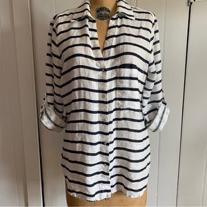 Zara black and white striped linen button-down shirt with roll up sleeves